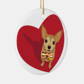 Ornement En Céramique Tan Chihuahua avec cravate arc dans un coeur rouge (Droite)