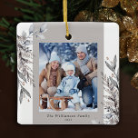 Ornement En Céramique Tan & Gray Winter Foliage Photo Christmas<br><div class="desc">This photo Christmas ornament features muted tan and gray watercolor winter foliage. Personalize this elegant Christmas ornament with your family photo.</div>