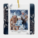 Ornement En Céramique Tan & Gray Winter Foliage Photo Christmas Blue<br><div class="desc">This photo Christmas ornament features muted tan and gray watercolor winter foliage on a dark blue background. Personalize this elegant Christmas ornament with your family photo.</div>
