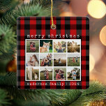 Ornement En Céramique Tapis Rouge Plaid Family Photo Collage<br><div class="desc">Simple collage photo rustique ornement avec police minimaliste de machine à écrire et arrière - plan de plaid rouge. Ajoutez facilement vos photos et détails pour un ornement de Noël personnalisé.</div>