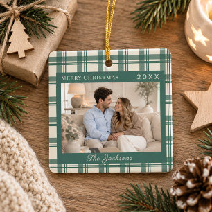 Ornement En Céramique Tartan à carreaux vert sauge crème Photo Noël
