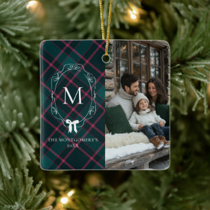 Ornement En Céramique Tartan vert et rose Monogramme de coquette Bow