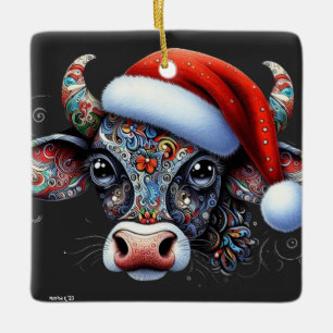 Ornement En Céramique Taureau de vache de Noël avec/Santa Hat Art folklo