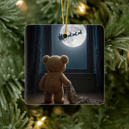 Ornement En Céramique Teddy Bear Watching Santa Claus (Arbre)