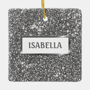 Ornement En Céramique Texture de paillettes argentées fausses & nom pers