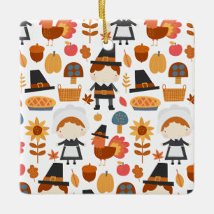 Ornement En Céramique Thanksgiving Pilgrims Harvest Pattern
