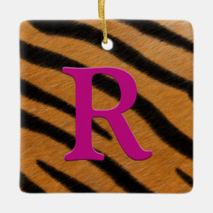 Ornement En Céramique Tiger Fur Personalized Monogram & Message Magenta