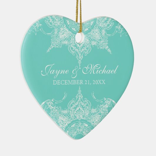 Ornement En Céramique Toile Damask Swirl Premier Noël Aqua Blue (Droite)