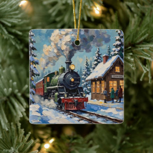 Ornement En Céramique Train à vapeur de Noël vintage à la gare enneigée