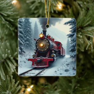 Ornement En Céramique Train à vapeur vintage dans les bois hivernaux