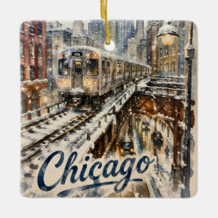 Ornement En Céramique Train de l'El de Chicago dans la neige d'hiver