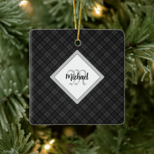 Ornement En Céramique Trendy noir blanc tartan Personnaliser Monogramme