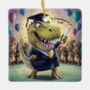 Ornement En Céramique Trex en casquette et robe détenant un diplôme