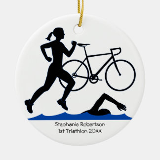 Ornement En Céramique Triathlon Femme Keepsaké En Bleu