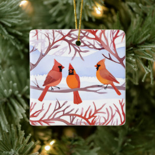 Ornement En Céramique Trois cardinaux rouges dans des branches enneigées