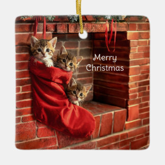 Ornement En Céramique Trois chatons dans une chaussette de Noël