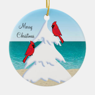 Ornement En Céramique Tropical Beach Christmas Tree Red Cardinals