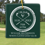Ornement En Céramique Trou De Golf Personnalisé En Un Vert Émeraude Rétr<br><div class="desc">Avec un effet de timbre vieilli design rétro classique. Personnalisez le nom,  le numéro du trou de localisation et la date pour créer un grand gardien de golf pour célébrer ce trou fantastique en un. Conçu par Thisisnotme©</div>