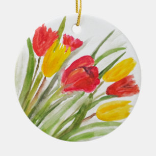 Ornement En Céramique Tulipes floral rouge jaune aquarelle nature jolie