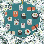 Ornement en céramique Turquoise Sushi<br><div class="desc">Montrez votre amour des sushis,  nigiri et rouleaux de maki avec ce joyeux ornement alternatif de Noël. Art original de Nic Squirrell. Essayez les autres formes pour voir qui vous préférez,  ou commandez une variété pour une décoration cohésive !</div>