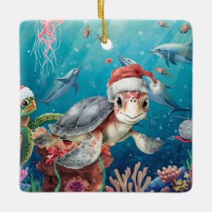 Ornement En Céramique Turtle Santa Chapeau Sous l'Océan Fête de Noël