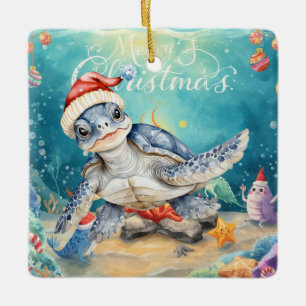 Ornement En Céramique Turtle Santa Chapeau Sous l'Océan Fête de Noël