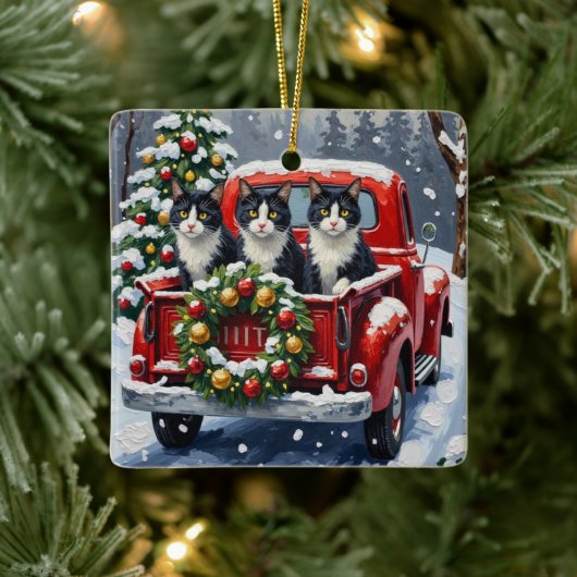 Ornement En Céramique Tuxedo Cat Christmas Red Truck Holiday (Arbre)