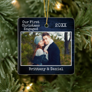 Ornement En Céramique Typewriter Texte Bleu Bois Premier Noël Engagé