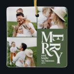 Ornement En Céramique typographie verte multicolore moderne<br><div class="desc">Colorful vintage graphique vert typographie joyeux chritsmas multi photo de vacances ornement design. Une partie d'une collection de vacances audacieuse et amusante.</div>