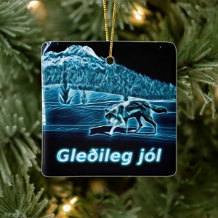 Ornement En Céramique Un Loup Sur La Neige - Gleðileg Jól
