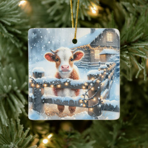 Ornement En Céramique Vache de Noël festive mignonne personnalisée