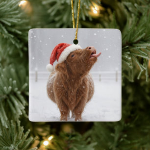 Ornement En Céramique Vache des Highlands de Noël attrapant des flocons