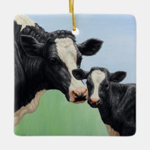 Ornement En Céramique Vache et veau Holstein