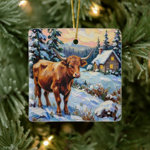 Ornement En Céramique Vache Highland vintage dans une prairie de Noël en