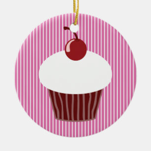 Ornement En Céramique Vanille Cupcake et rayures roses