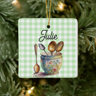 Ornement En Céramique "Vert et Blanc à Damier - Cuillères dans Tasse