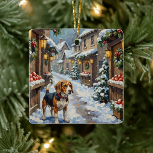 Ornement En Céramique Vieux Beagle sur un marché de Noël enneigé