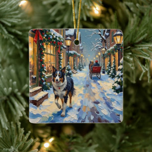 Ornement En Céramique Village de Noël enneigé vintage avec Border Collie