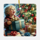 Ornement En Céramique Vintage Christmas Eve Joie personnalisée<br><div class="desc">Ornement de Noël personnalisé. Un gentil petit garçon ouvrant un cadeau la veille de Noël avec un grand sourire. Un joli sapin de Noël aux ornements antiques dorés et rouges. Personnalisez le message au dos de la carte.</div>