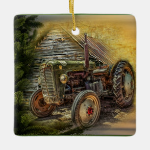 Ornement En Céramique Vintage Green Tractor Rustic Old Barn