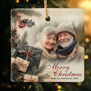 Ornement En Céramique Vintage Holly Berries Beige Photo Noël