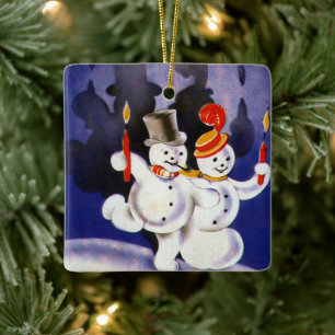 Ornement En Céramique Vintage Noël Dancing Snowmen avec bougies