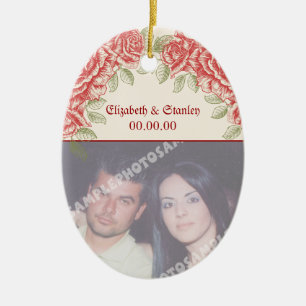 Ornement En Céramique Vintage Roses rouges Mariage Enregistrer la date o