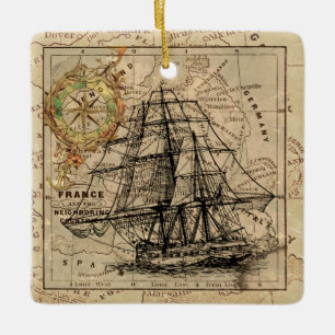 Ornement En Céramique Vintage Sailing Ship and Old European Map
