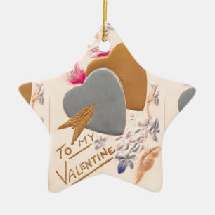 Ornement En Céramique Vintage Silver & Gold Hearts Valentine Postcard