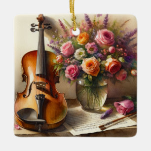 Ornement En Céramique Violon, Partition et un Vase de Fleurs