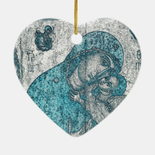 Ornement En Céramique Virgin Mary Baby Jesus Angel Portrait Vintage Blue