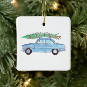 Ornement En Céramique Voiture bleue avec arbre de Noël Aquarelle