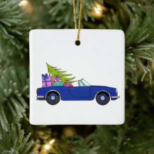 Ornement En Céramique Voiture bleue avec cadeaux de Noël