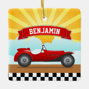 Ornement En Céramique Voiture de course rouge vintage avec nom personnal